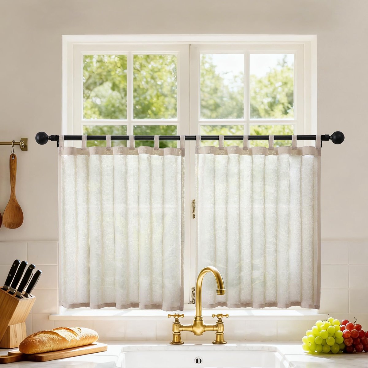 Gordijn voor keuken, met lussen, 2 stuks, 60 x 90 cm (b x h), gordijnen, transparant, voor binnendecoratie, kleine ramen, kast, kast, bruin