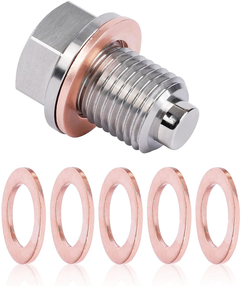 x 1,5 magnetische olie-afvoerdop, motoroliecarter voor auto met 5 stuks koperen pakking, roestvrij stalen afvoerschroef, vervangingskoppelingen voor motormoer voor de meeste auto's