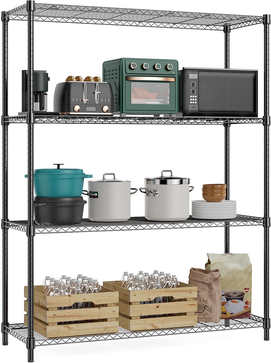 MZG Heavy Duty Metalen Stellingkast, 4-Laags Opbergrek met Verstelbare Planken, Voor Garage, Berging en Opslagruimte, 40×115×150,8 cm, Draagvermogen tot 635,6 kg, Chroom