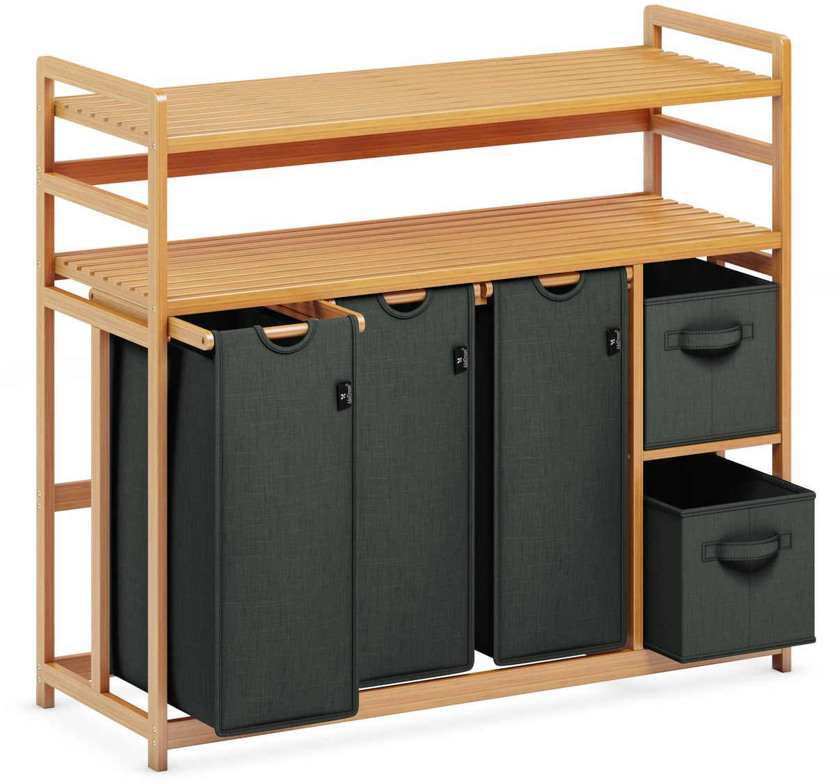DREAM Wasmand 5 vakken, 2 planken, wasverzamelaar, 190 liter, wasboxen met mand, wassorteerder met 3 waszakken en 2 stoffen boxen, waszak, bamboe, wasrek, wasmand, laundry basket, donkergrijs