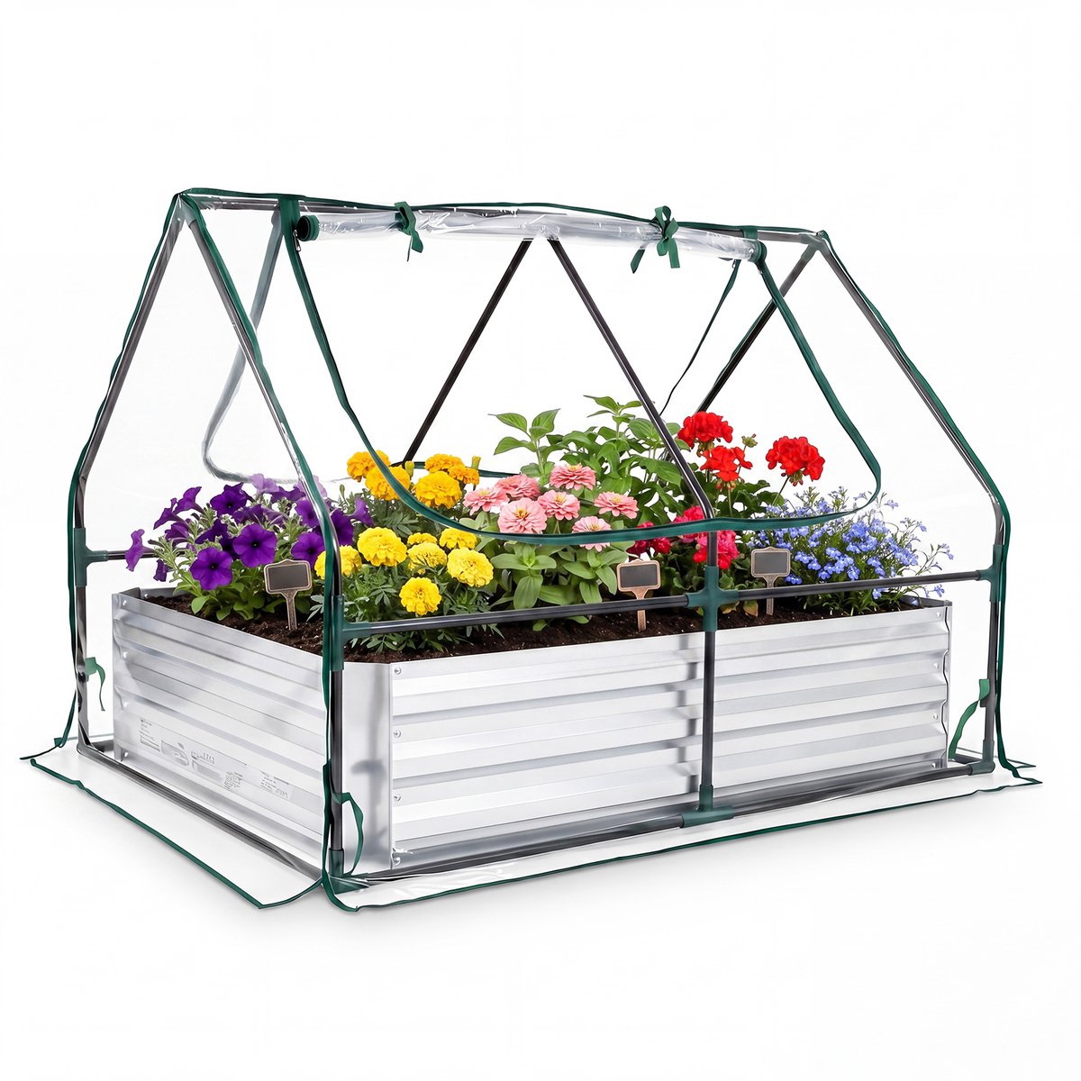 COSTWAY 3-in-1 broeikas met verhoogd bed, metalen plantenbak, pvc-folie, bloembed met twee ramen, rechthoekige broeibak voor bloemen, kruiden in de tuin, terras en balkon (127 x 97 x 93 cm)