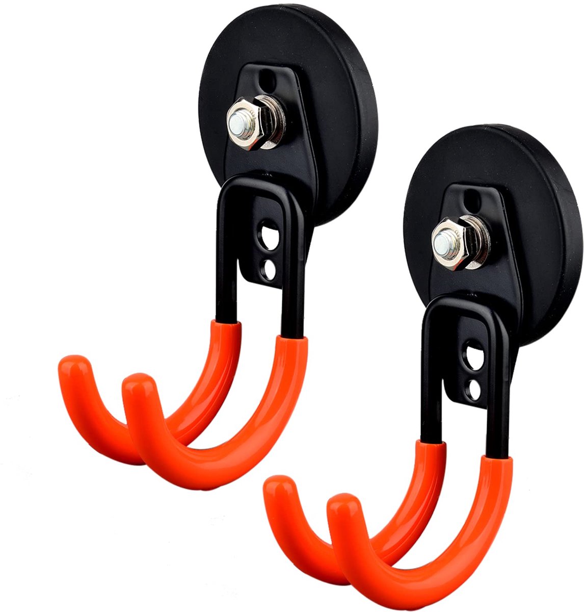 Zware magneethaken, sterke antislip rubberen coating, dubbele garagehaken, stabiele opberghaak voor werkbank, gatenwand, tuinslang, gereedschapskist (2 stuks, J, oranje)