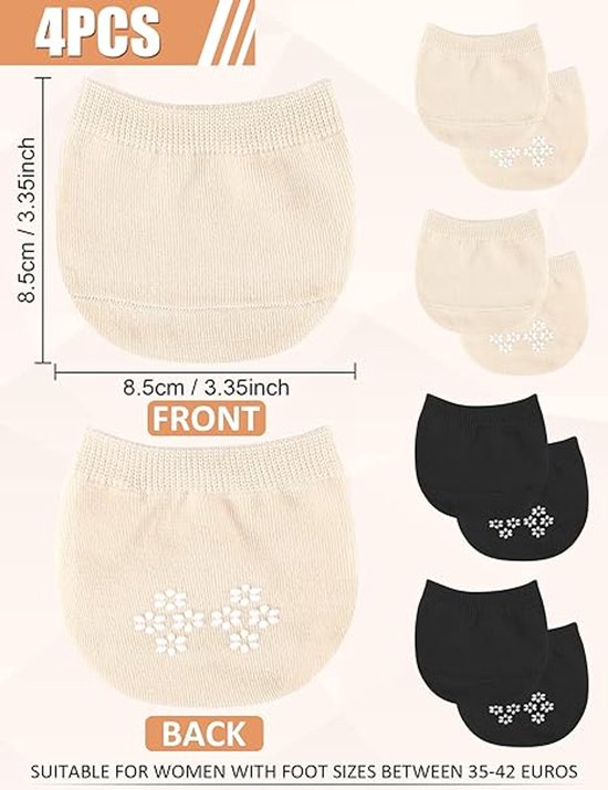 Set van 4 huidkleurige en zwarte damesvoetsokken, maten en details van de voor- en achterkant met siliconen antislip noppen.