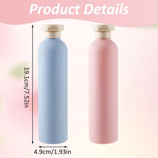 2-pack knijpflessen, 260 ml plastic navulbare reiscontainers met flip-dop - lekvrij voor shampoo, crèmes, lotion, conditioner (blauw + roze) — afbeelding 3