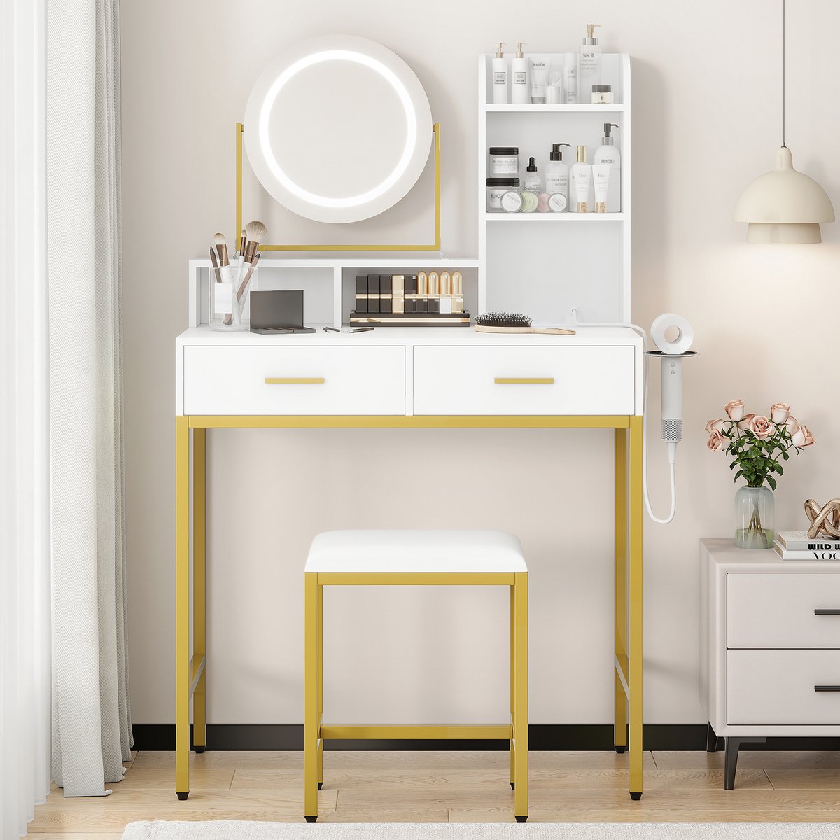 Triumpunpre - Kaptafel Make Up Tafel Inclusief Krukje - Met 360° draaibare LED Lampen 3 Li