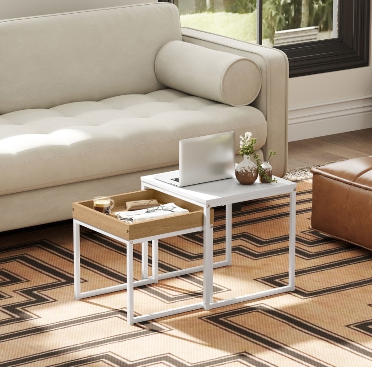 MEUNIQ salontafel set van 2 vierkant 45 x 45 x 45 cm en 40 x 40 x 40 cm met afneembaar dienblad, nestbare tafels voor woonkamer, wit