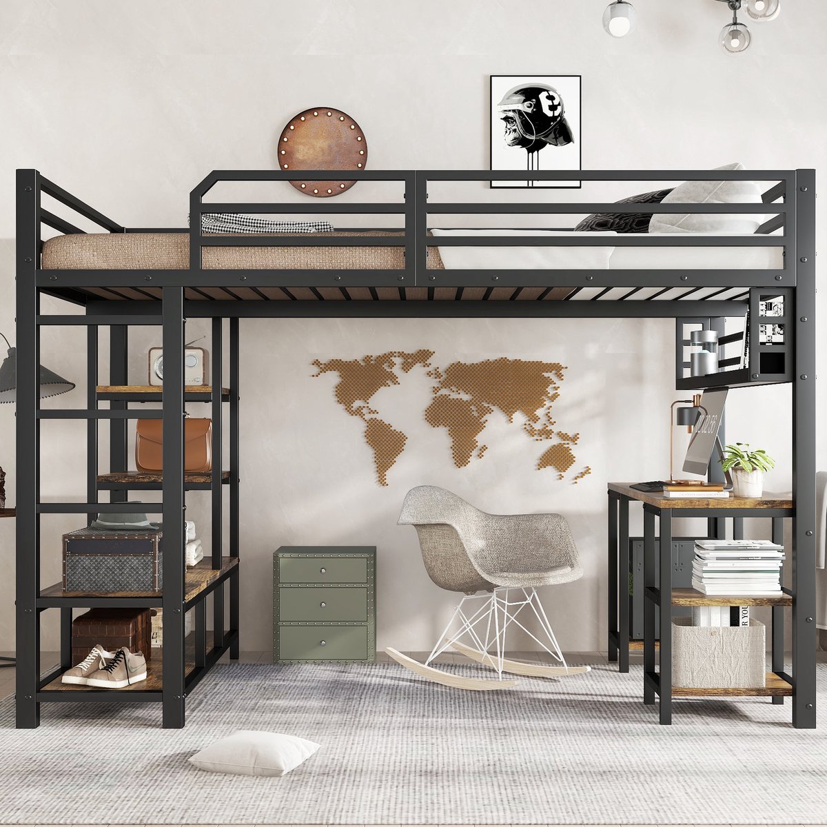 Merax Hoogslaper 120x200 cm - met bureau en plank - viertrapsladder - zwart - zonder matras