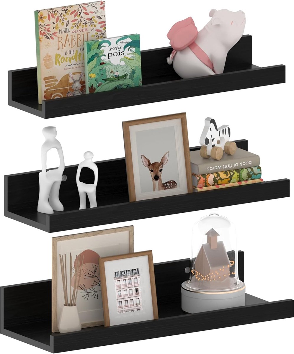 40cm lange wandplank zwart, rustieke zwevende schilderijrail voor woonkamer, keuken, kinderkamer of slaapkamer, 3 stuks met verschillende maten.