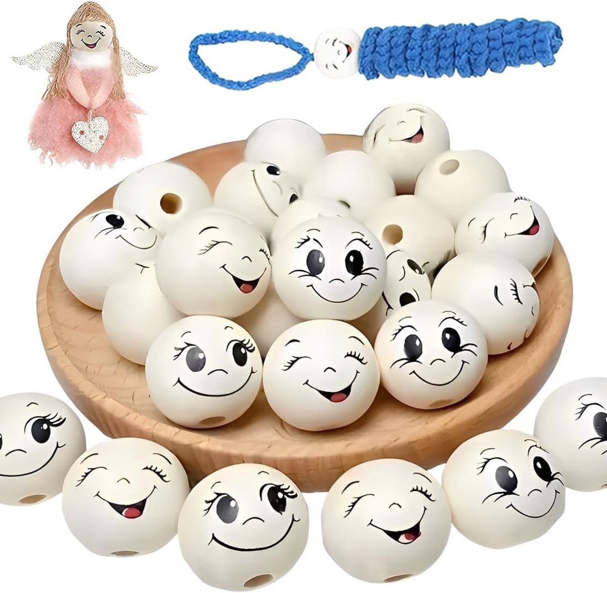 Kralen met gezicht, houten kralen met gat en gezicht, 20 mm, 80 stuks, ronde houten kralen voor zorgenwormen, gelukswormen, doe-het-zelf sleutelhangers en geluksbrenger