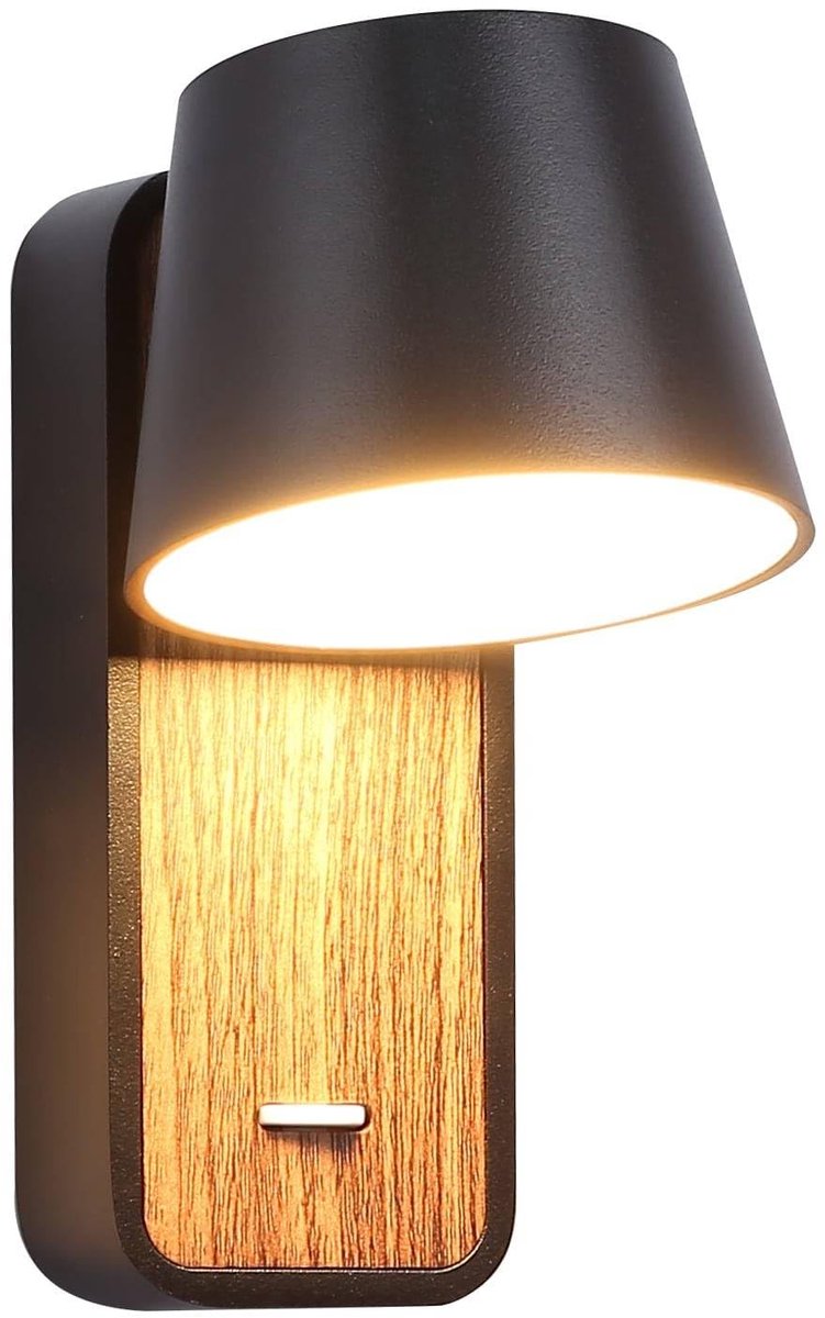 Barcelona LED - Wandlamp, leeslamp, zwart, met schakelaar op houten sokkel, draaibaar, 6 W, 2700 K, voor bed, hoofdeinde en woonkamer