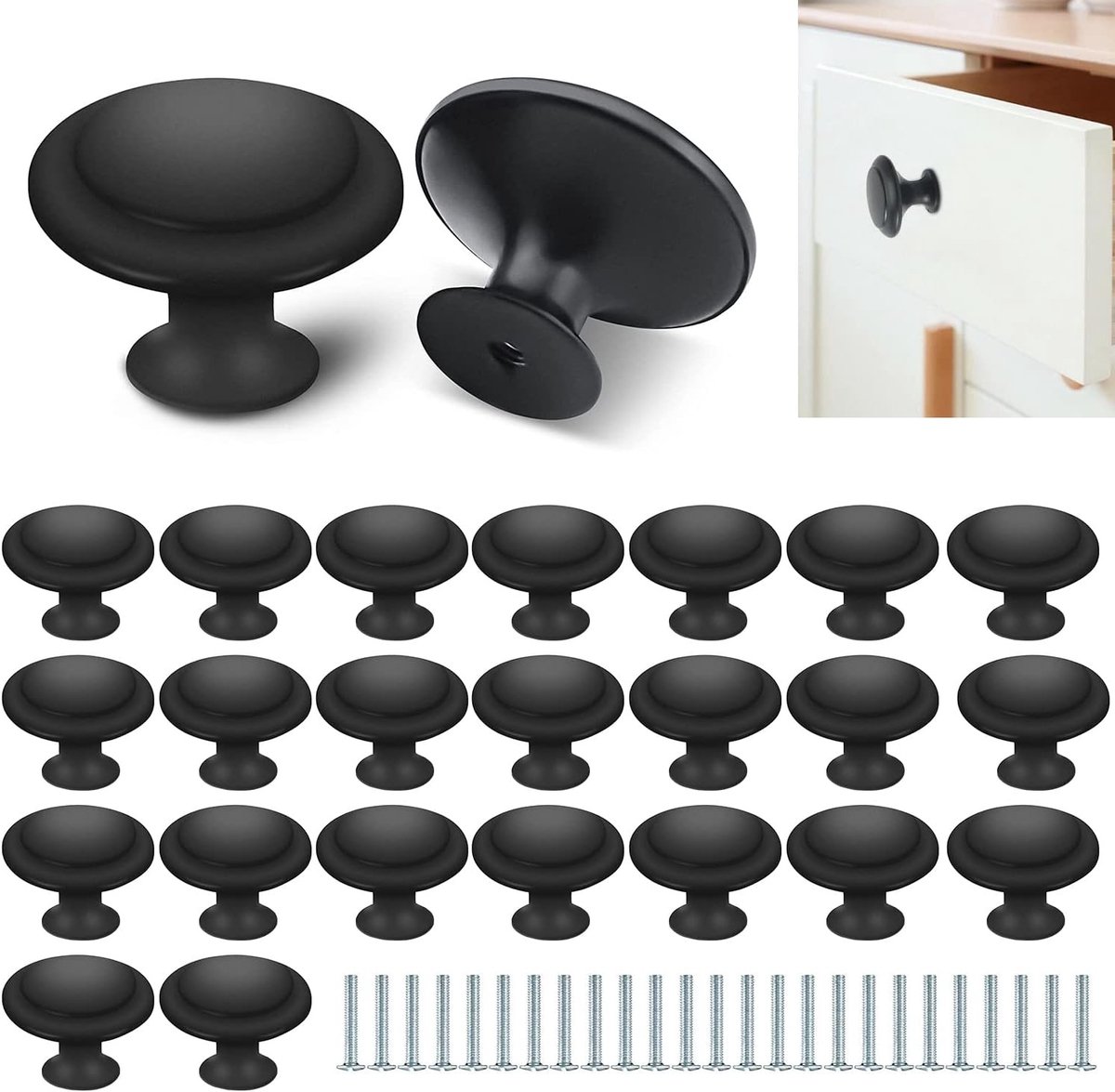 Set van 25 ronde keukenkastknoppen van 27 mm, matte zwarte ladehandgrepen, ideaal voor kasten en meubels met schroeven inbegrepen