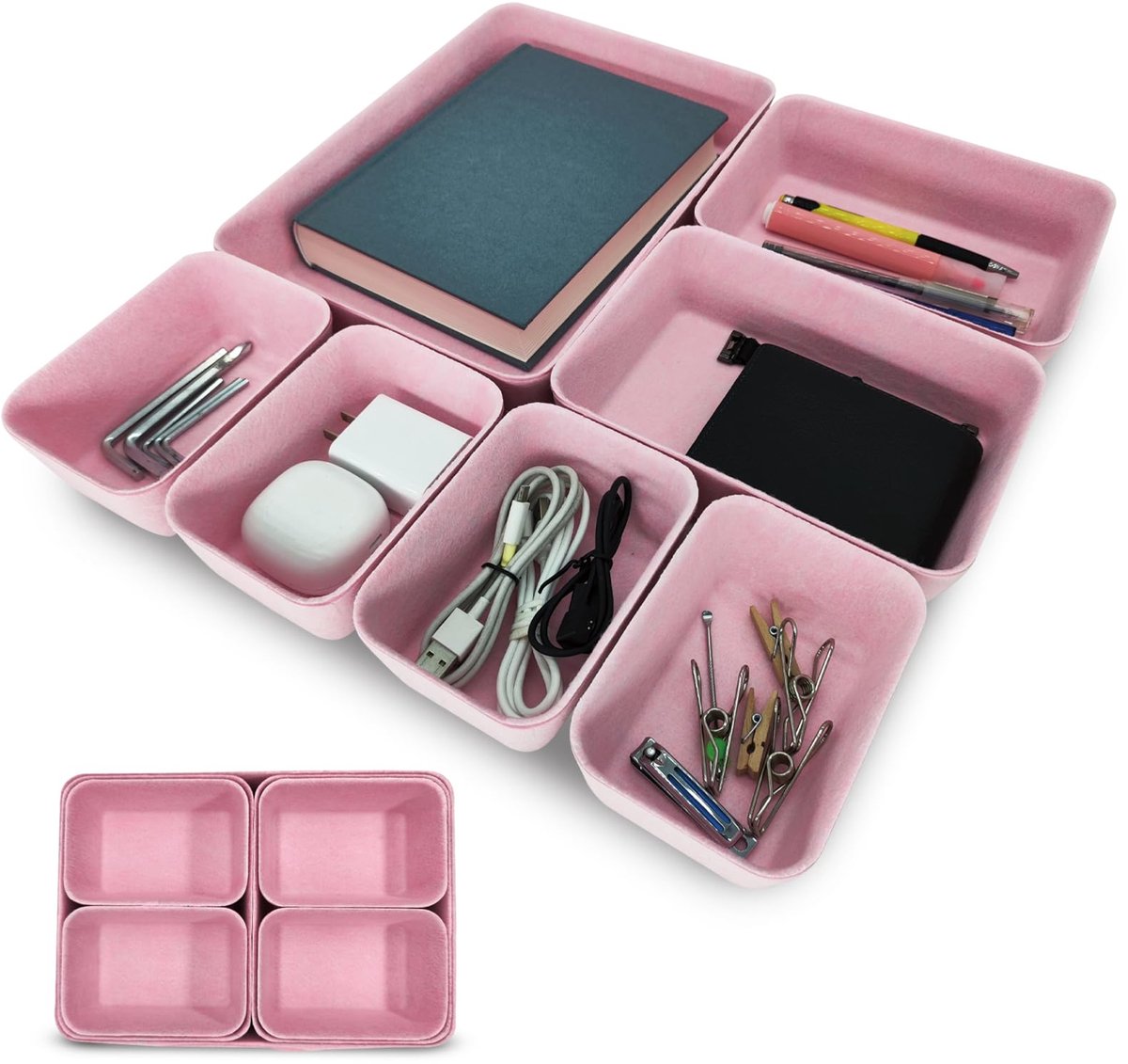 Organizer Set, 7 stuks lade-opbergsysteem met 3 maten, Polyester vilt, Lade Organizer Kantoor voor Office accessoires, dressing tafel, slaapkamer (Rosa)
