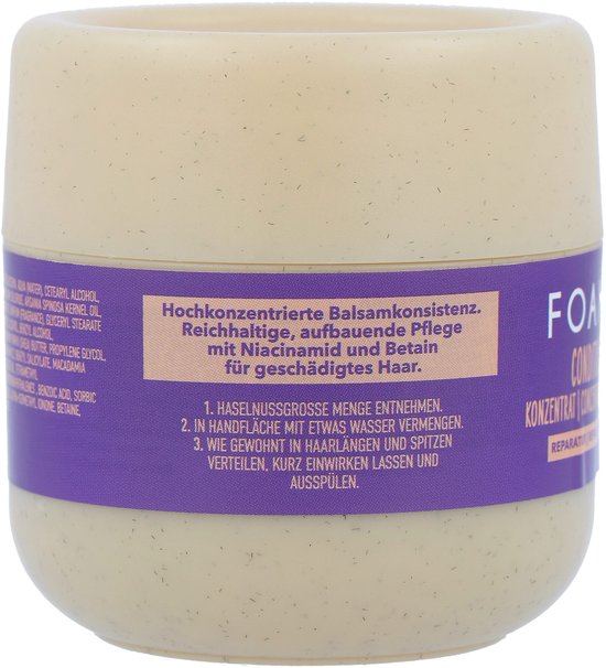 FOAMIE Conditioner Concentraat, paarse band met productinformatie en ingrediënten.