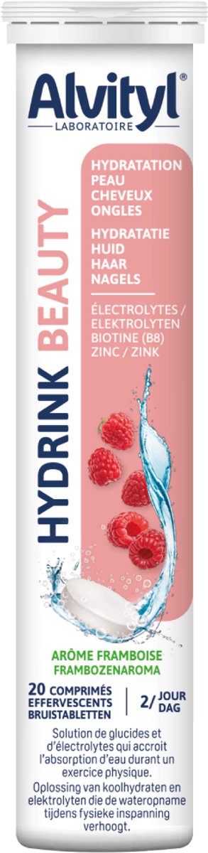 Alvityl Hydrink Beauty – Elektrolyten Bruistabletten Framboos – Huid, Haar & Nagels – Antioxidant met Zink, Selenium & Vitamine C – Hydratatie Sportvoeding – 20 Tabletten