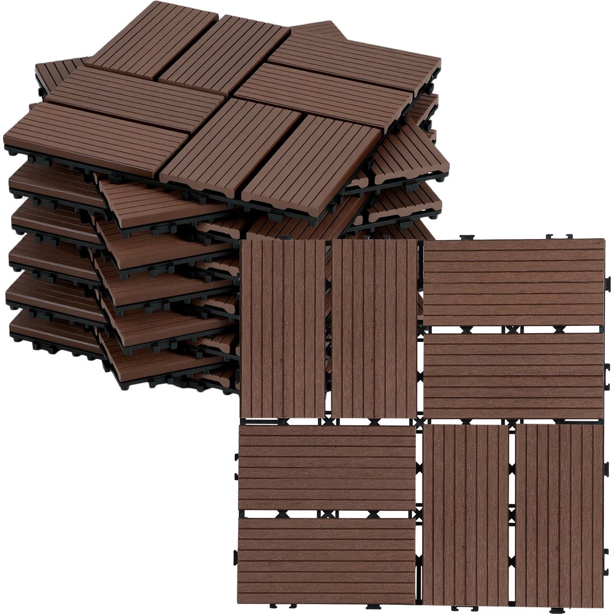 Terrastegels WPC Vlondertegels 8 Latten - 11 Stuks - 30 x 30 cm 1 m² - WPC Composiet Kunststof - Makkelijke en Snelle Montage - Balkontegels - Vlondertegel Set - Onderhoudsvrij - Tuin, Balkontegels - Terrasplanken - Bruin