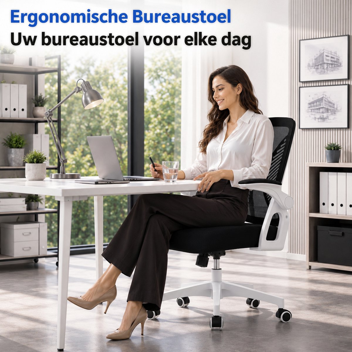 Milacyee Bureaustoel - Ergonomische Bureaustoel – Verstelbare Gaming/Computerstoel met Mesh Rug & Lendensteun – 90° Opklapbare Armleuningen – Directiestoel met Stille Wieltjes – Tot 130 kg Belasting - Wit - Geschikt voor thuiswerk en kantoor – foto 8