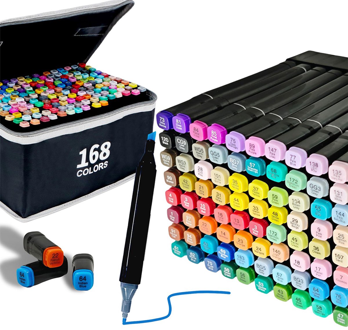Set van 168 kleuren markers – Viltstiften – Gekleurde pennen – Permanente markers – Dubbelzijdige aquarelverf – Voor vrij tekenen – Geschikt voor kinderen en volwassenen