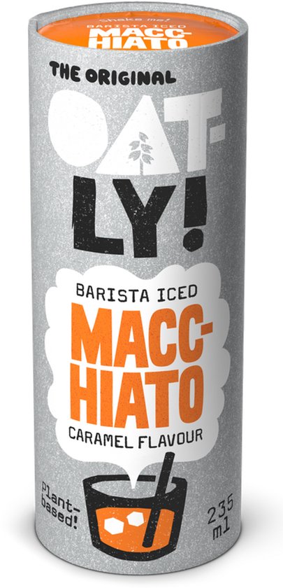 Oatly Barista Iced Macchiato Karamel smaak, 235ml verpakking.