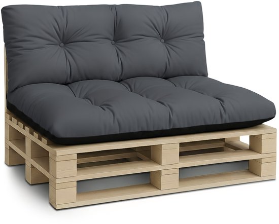 Coussin pour palette gris foncé sur une palette européenne en bois. Coussin d'assise et de dossier.