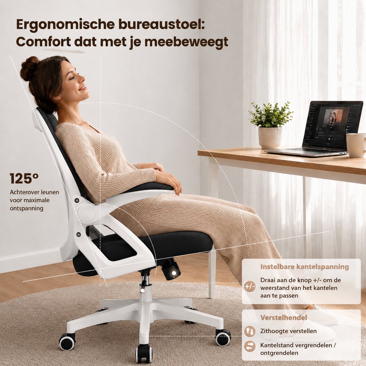 Milacyee Bureaustoel - Ergonomische Bureaustoel – Verstelbare Gaming/Computerstoel met Mesh Rug & Lendensteun – 90° Opklapbare Armleuningen – Directiestoel met Stille Wieltjes – Tot 130 kg Belasting - Wit - Geschikt voor thuiswerk en kantoor – foto 5