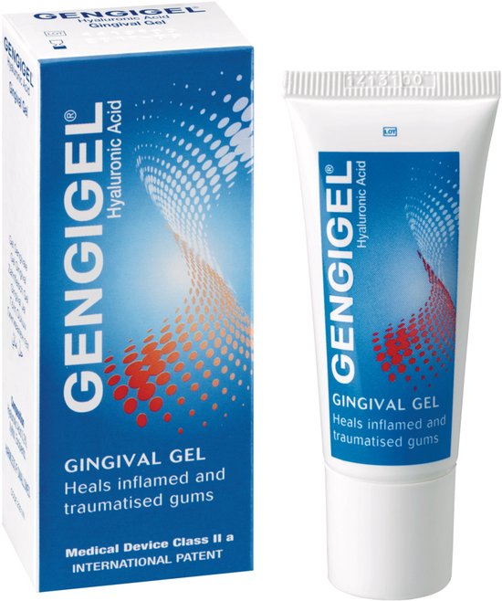 Gengigel Hyaluronic Acid Gingival Gel tube en doos met blauw en oranje patroon, heelt ontstoken tandvlees.