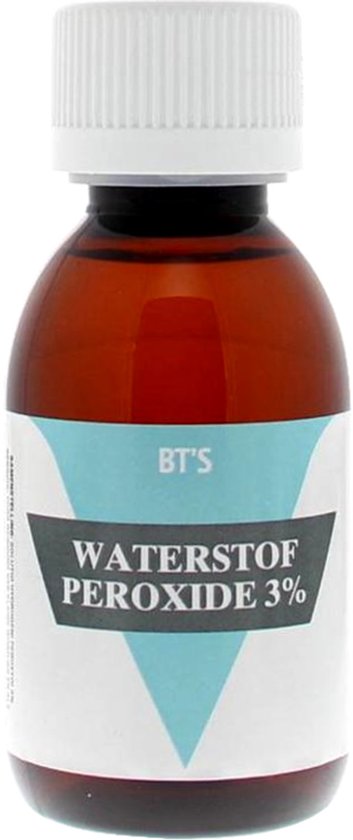 Bruine fles met witte dop, etiket met 'BT'S WATERSTOF PEROXIDE 3%'