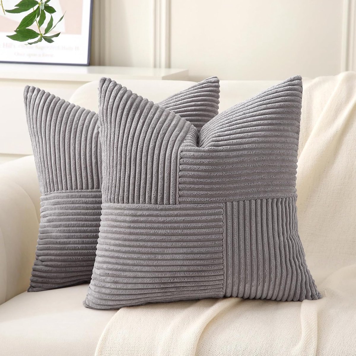 Set van 2 kussenslopen, corduroy, 40x40 lichtgrijs, pluizig bohemien kussenovertrek kussenslopen voor bank, sierkussen, decoratief voor bank, bed, sofa, woonkamer