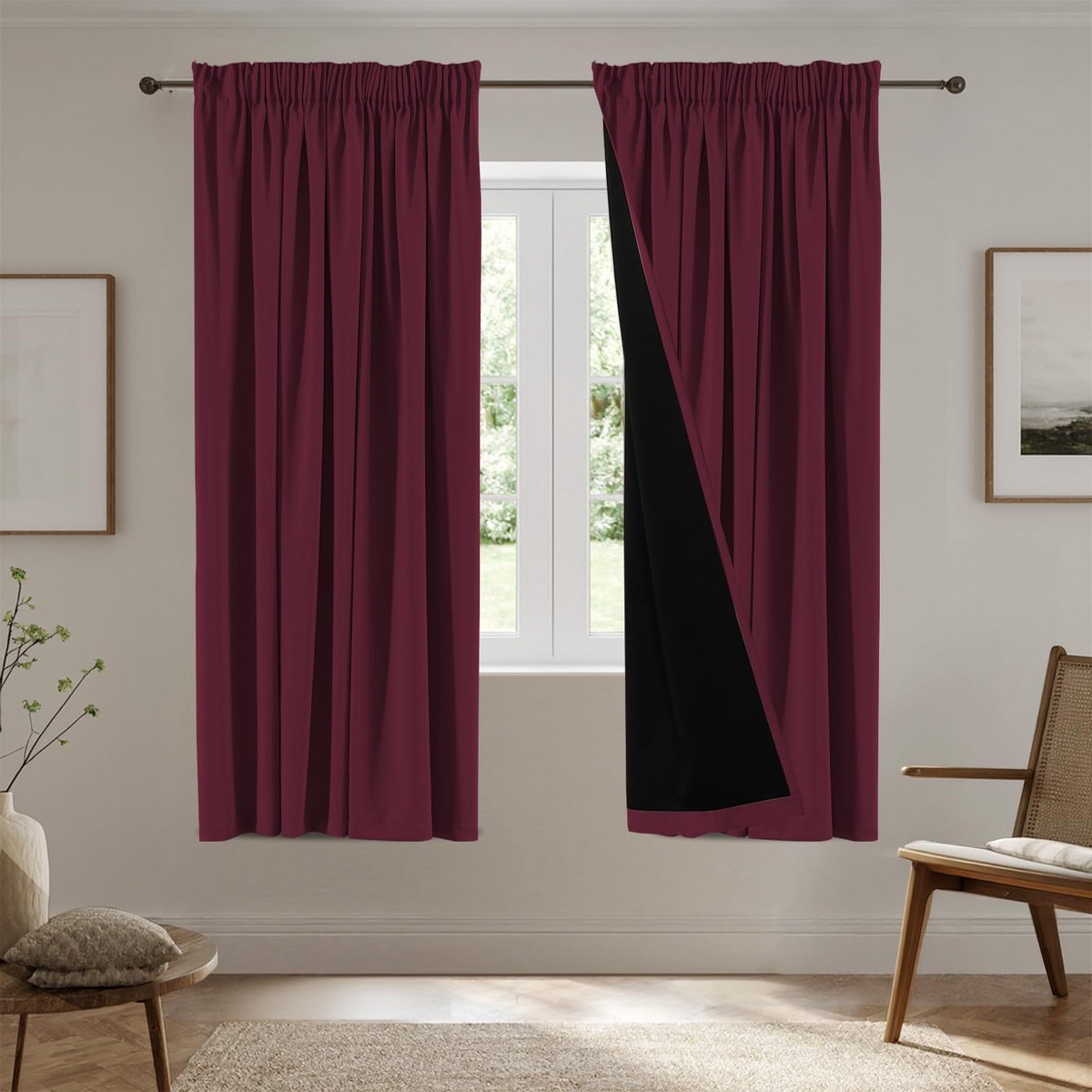 100% gordijn, ondoorzichtig, voor slaapkamer, thermische bescherming en warmte-isolerend, gordijnen met plooiband, set van 2, 214 x 132 cm (h x b), bordeauxrood