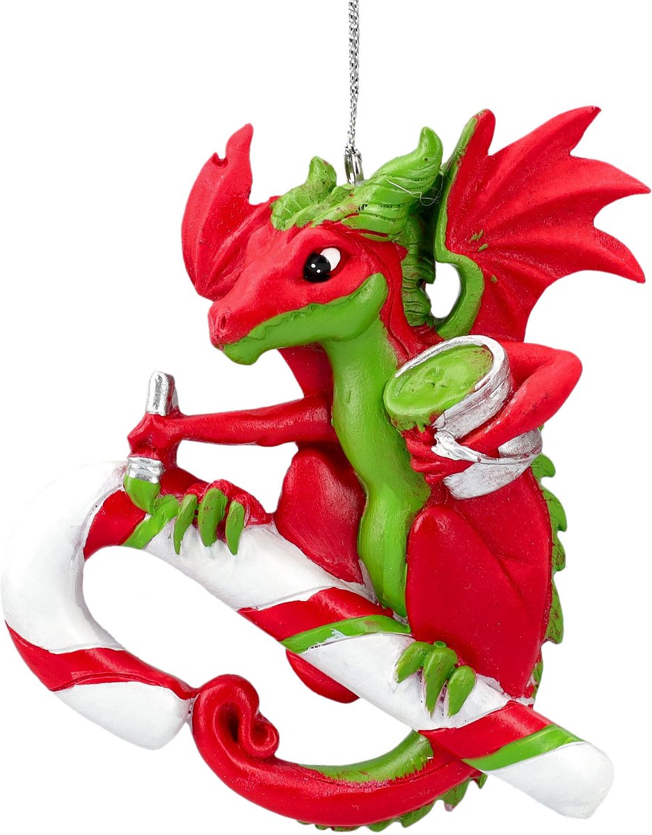 kerstboomversiering: draak op suikerstok, 10 cm – rood-groen, Ruth Thompson design, kerstbal fantasy