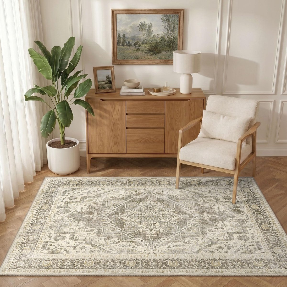 Machinewasbare Tapijten 120x170 cm Vintage Vloerkleed Laagpolig Antislip Tapijt met Print Patroon voor Woonkamer Slaapkamer Huiskontoor Binnenhuis Beige/Bruin/Camel