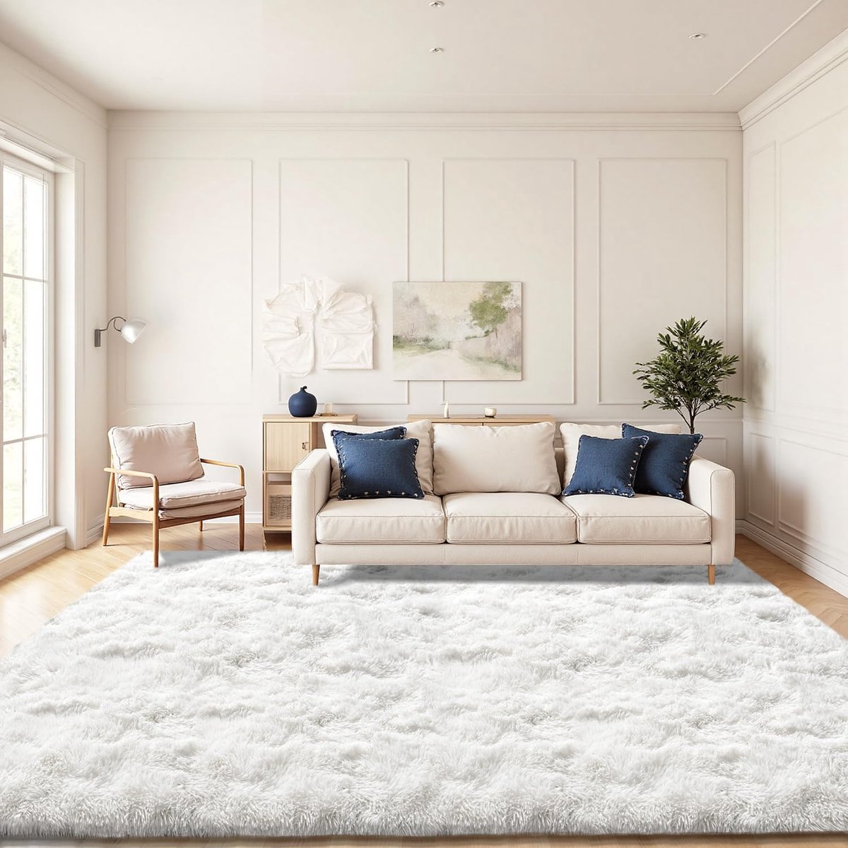 Hoogpolig Woonkamer Tapijt, Zacht en Wasbaar, Antislip, Modern Tapijt voor Slaapkamer, Kantoor, Eetkamer, Kinderkamer en Speelkamer, 240x340 cm, Crème