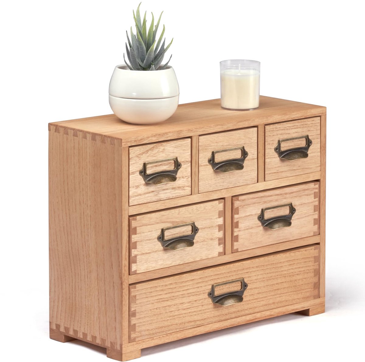 Bureaulade, kast, opbergorganizer, 6 laden, mini borst met label, handgrepen voor thuis, kantoor, desktoporganizer en opslag, naturel
