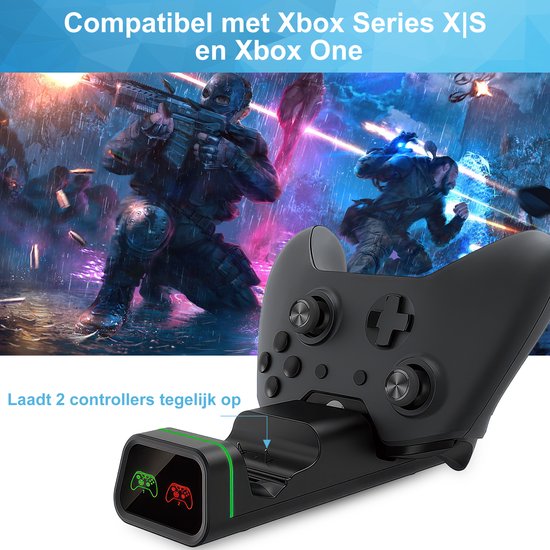 Zwart laadstation voor Xbox controllers met groene lichtstrips, laadt 2 controllers op.