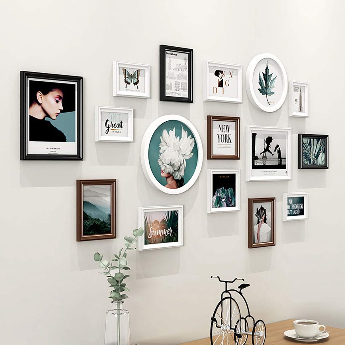 Fotolijstenset, ronde fotolijst, 16-delige zwarte fotolijst met decoratieve kunstdrukken en hangende sjablonen, 4 kleuren