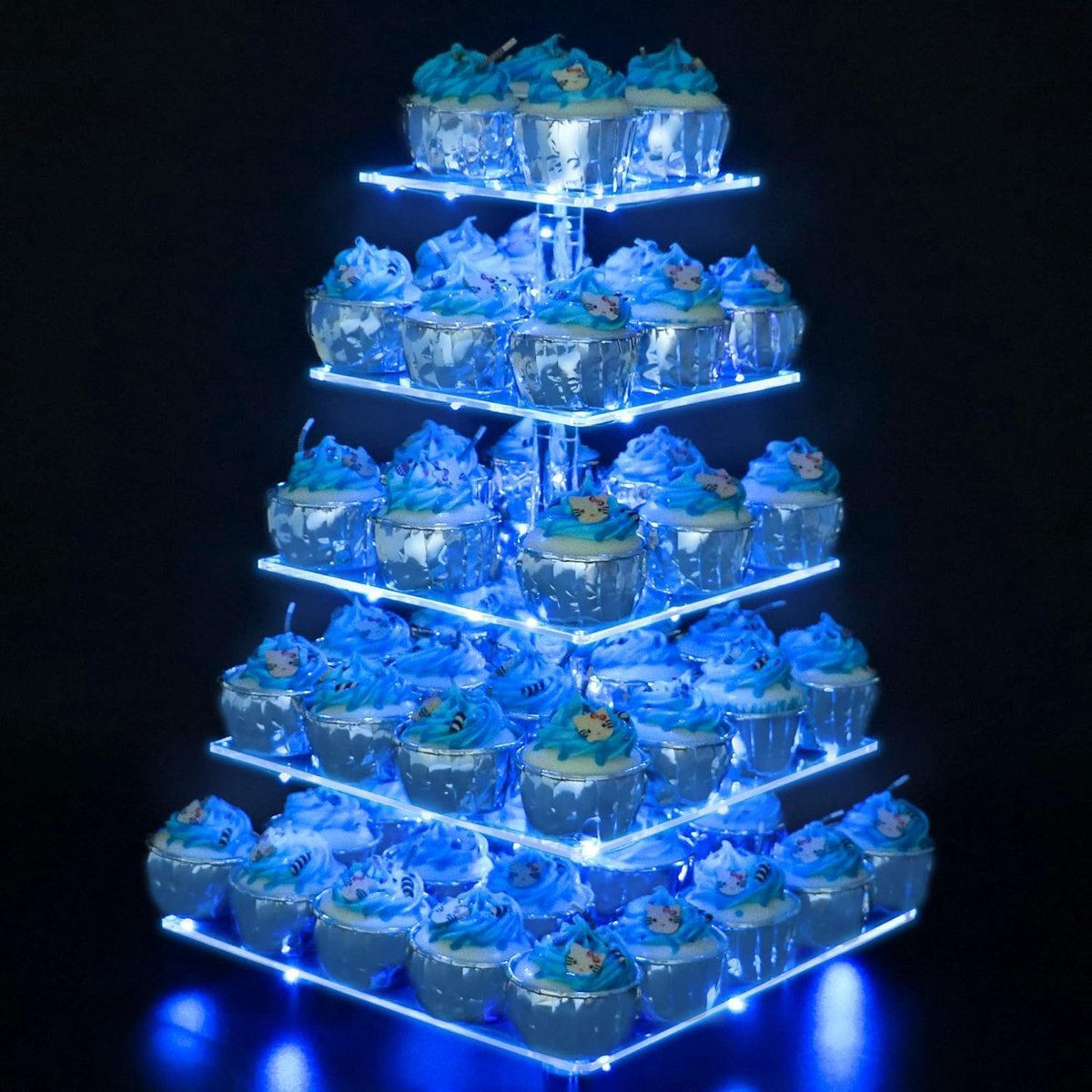 5 etages Cupcakestandaard, blauwe LED-lichtslinger, taartstandaard acryl voor bruiloft, feest, verjaardag, babyshower en cake dessert, taartetagère 5-laags, vierkante cupcakestandaard