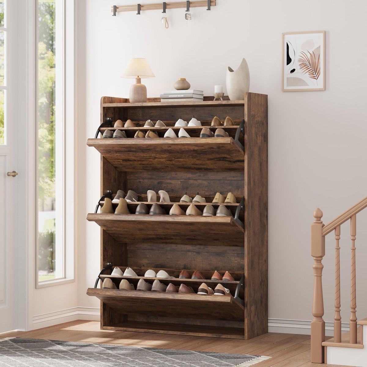 Hoge Schoenenkast 3 Kleppen Voor 18-24 Paar Schoenen - 80x26x117cm - Schoenenrek Smal - Schoenenmeubel Hout - Verstelbare Planken - Minimalistisch - Ruimtebesparend - Voor Hal Woonkamer - Bruin