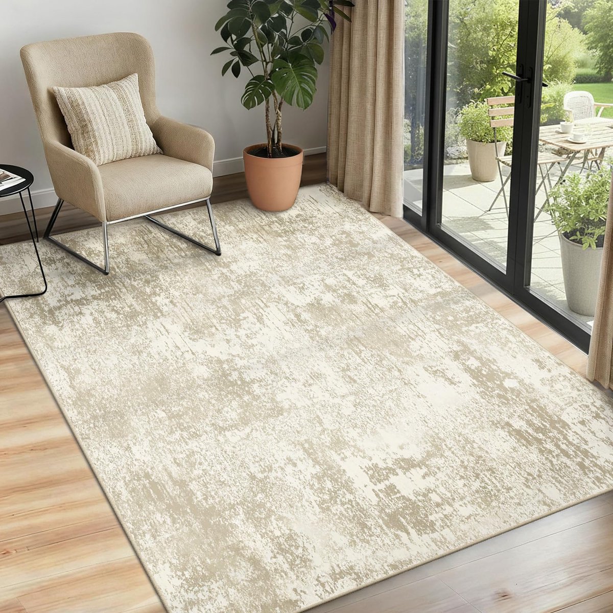 Machinewasbare Tapijten 90x150 cm Moderne Abstracte Vloerkleed Laagpolig Antislip Tapijt met Print Patroon voor Woonkamer Slaapkamer Huiskontoor Binnenhuis Beige