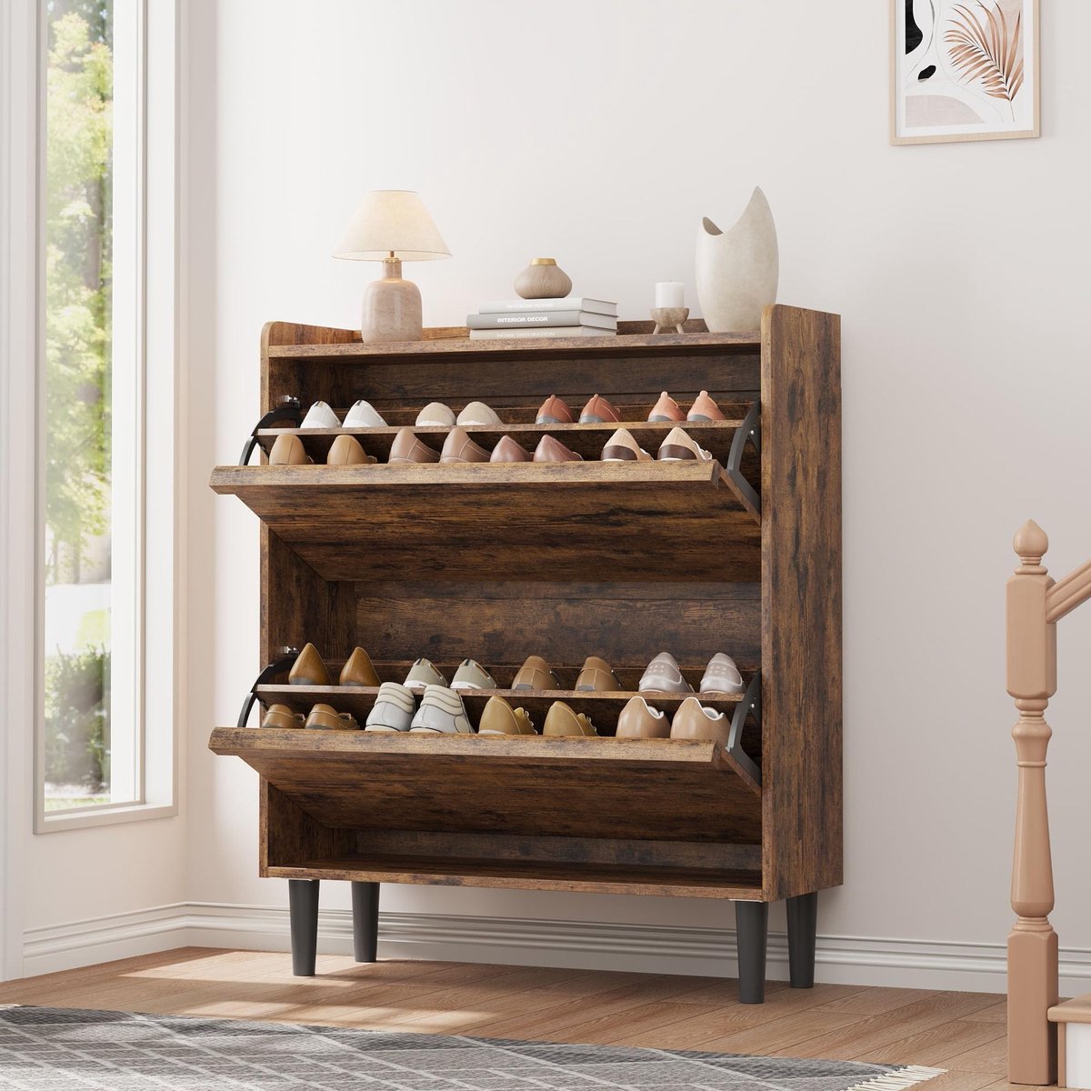 Smal Schoenenkast 2 Kleppen Voor 12-16 Paar Schoenen - 87x26x95cm - Schoenenrek - Schoenenmeubel Hout - Verstelbare Planken - Minimalistisch - Ruimtebesparend - Voor Hal Woonkamer - Bruin