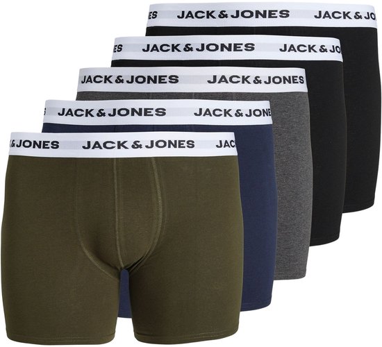 5-pack boxer briefs in de kleuren olijfgroen, donkerblauw, grijs, zwart en zwart, allemaal met witte Jack & Jones logo tailleband.