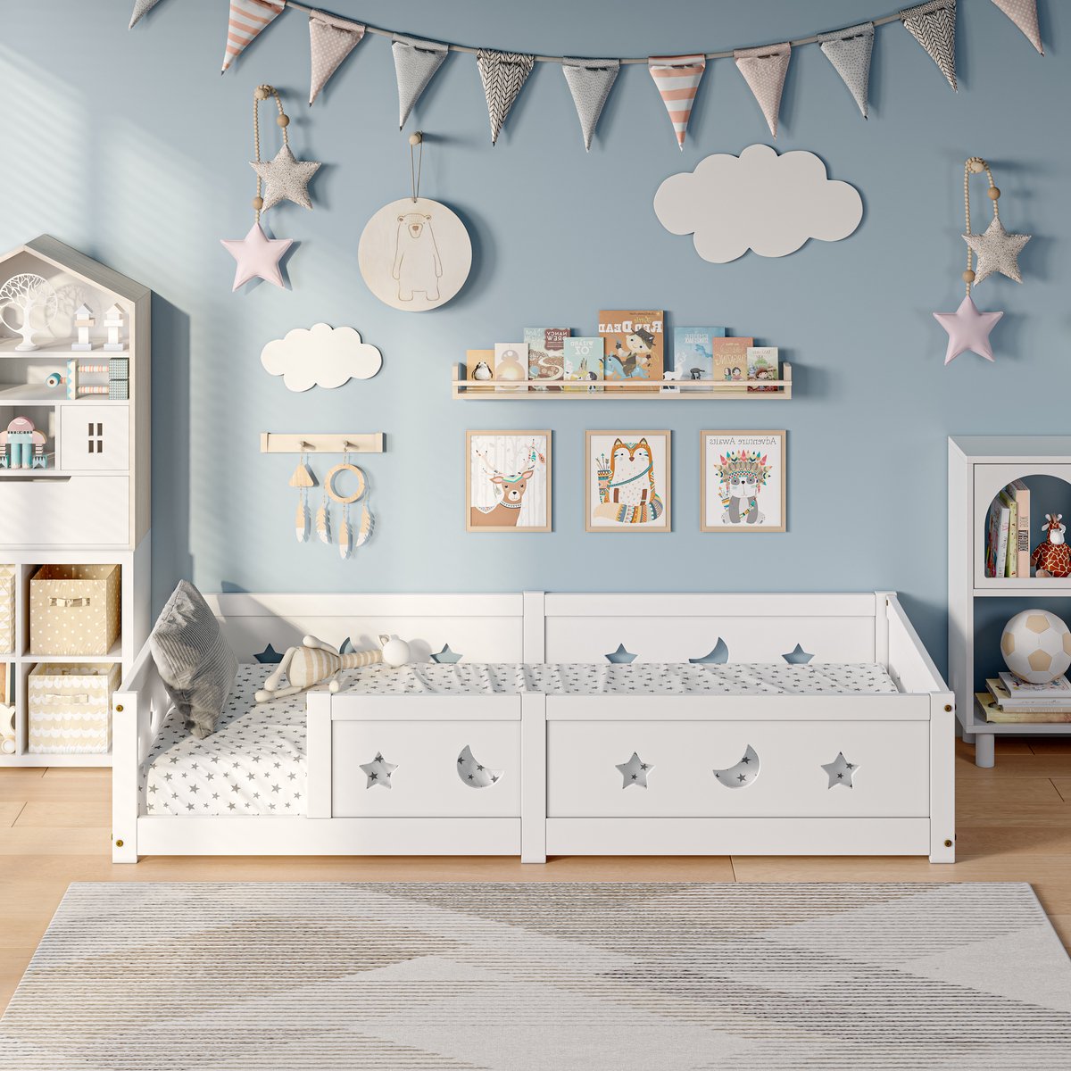 Solvenrik Kinderbed 90x200 met Hek – Wit Massief Houten Bed met Lattenbodem – Peuterbed met Sterren & Maan Design – Veilig Kinderbed