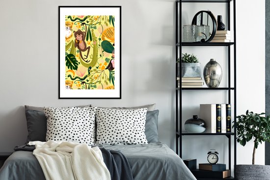 Poster in lijst - Fotolijst 60x90 cm - Posters - Jungle - Planten - Dieren - Geel - Posterlijst zwart - Decoratie - Wanddecoratie woonkamer - Muurdecoratie slaapkamer