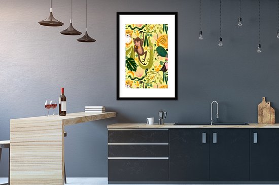 Poster in lijst - Fotolijst 60x90 cm - Posters - Jungle - Planten - Dieren - Geel - Posterlijst zwart - Decoratie - Wanddecoratie woonkamer - Muurdecoratie slaapkamer