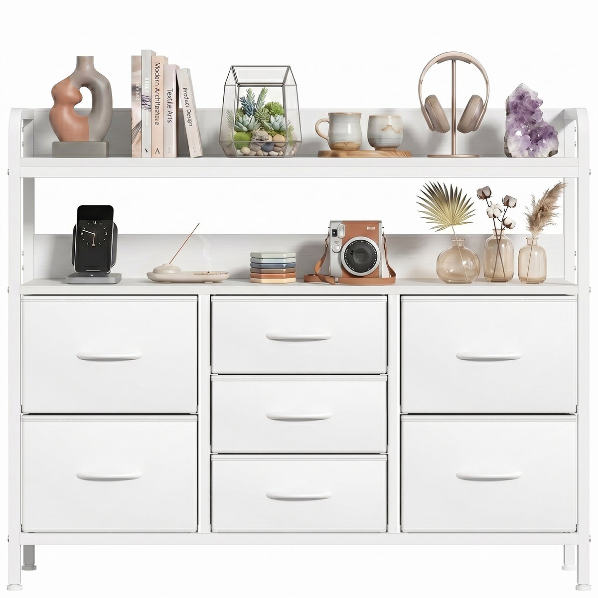 Stoffen Ladekast met 7 Laden-100x30x76cm Opbergkast-Multifunctionele Kast met Open Vak-Slaapkamer Woonkamer Opbergmeubel-Wit Metalen Frame MDF Blad-Stoffen Ladenkast-Kleding Documenten Kast