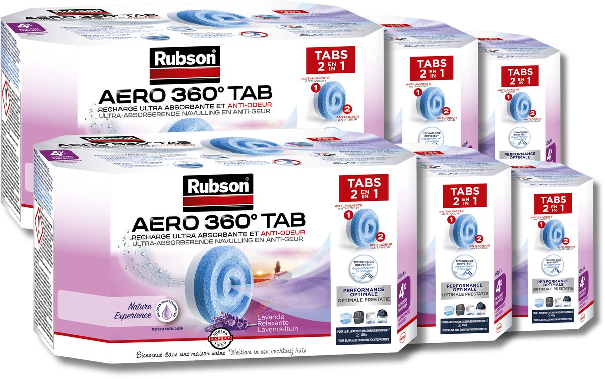 Rubson AERO 360° Navullingen Lavendeltuin 24 x 450g – Vochtopnemer Navultabs met Geurcontrole - Tegen Vocht en Muffe Geuren