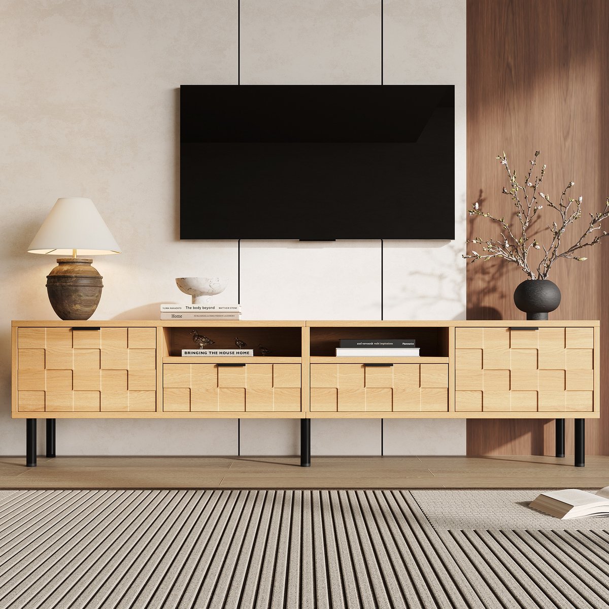 Sweiko TV-meubel - 2 lades - Geschikt voor TV van 80 inch - 200 x 35 x 44.5 cm - Naturel h