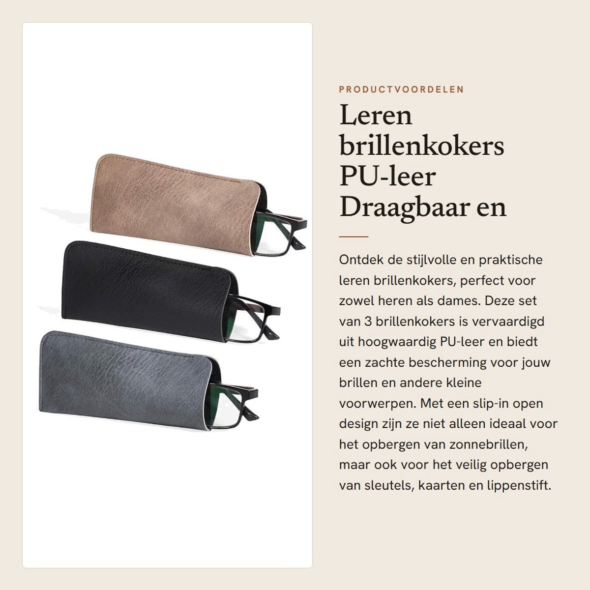 Dailygoods- Brillenkoker Draagbaar - 3 Stuks - PU-leer - Zachte Brillenkoker - Slip-in Design - Goede Bescherming - Brilhoes