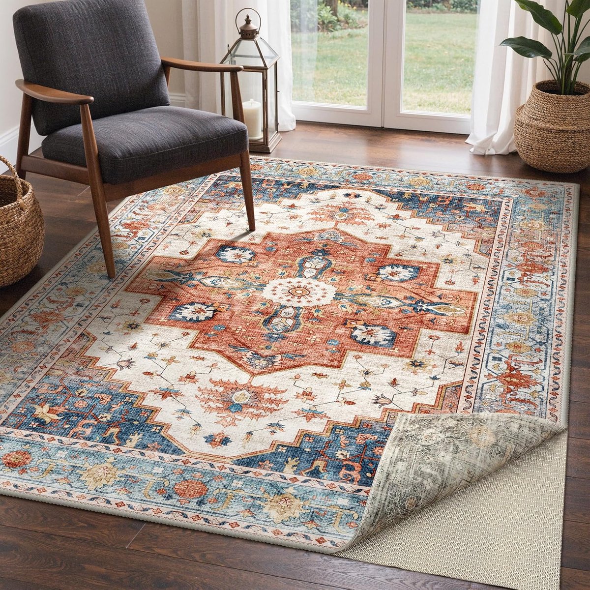 omkeerbaar wasbaar vloerkleed 120 x 170 cm, abstract terracotta & taupe, zacht antislip tapijt incl. antislipmat, dubbelzijdig voor woonkamer, slaapkamer, badkamer en eetkamer