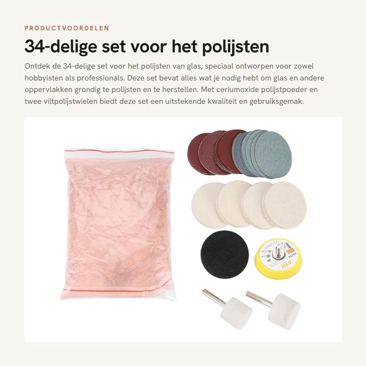 Dailygoods- Polijstset 34-delig - Polijstmiddel - Polijstpasta - Polijstschijven - Viltpolijstwielen - Capaciteit 230 g - Glaspolijstset