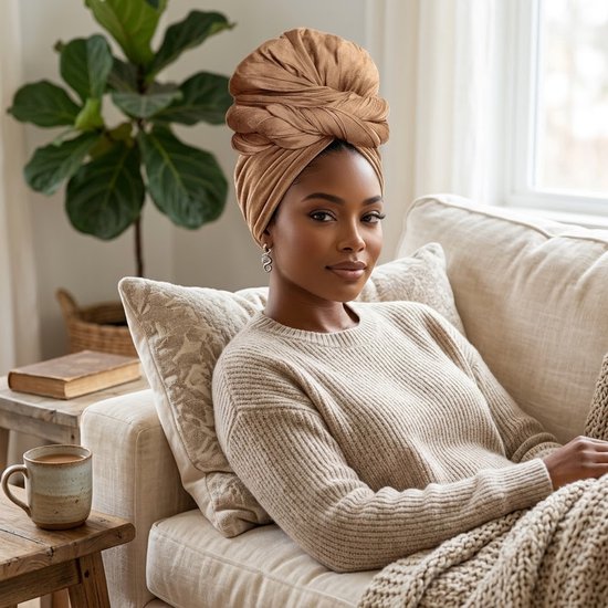Donkerbruine hoofddoek in tulbandstijl om het hoofd gewikkeld, gedragen door een vrouw in een beige trui.