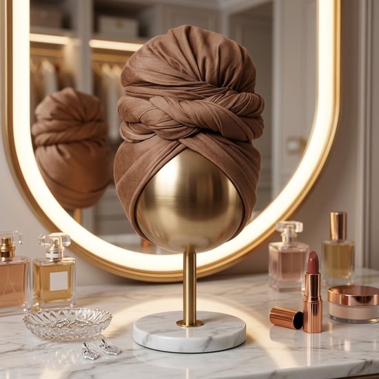 Bruine hoofddoek in tulbandstijl op een gouden standaard op een marmeren blad, met make-up en parfum.